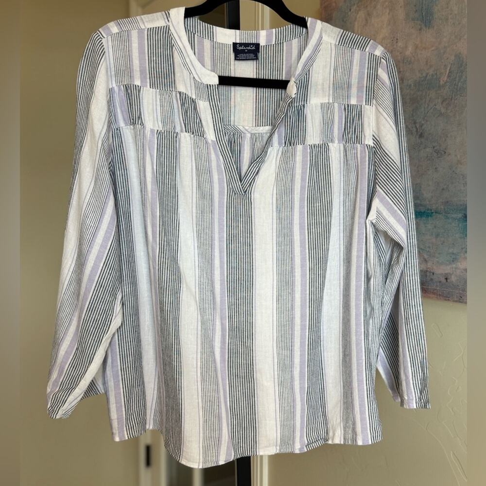 Splendid Linen Blend Striped Top Blouse White Blue Purple Women’s Medium Costal